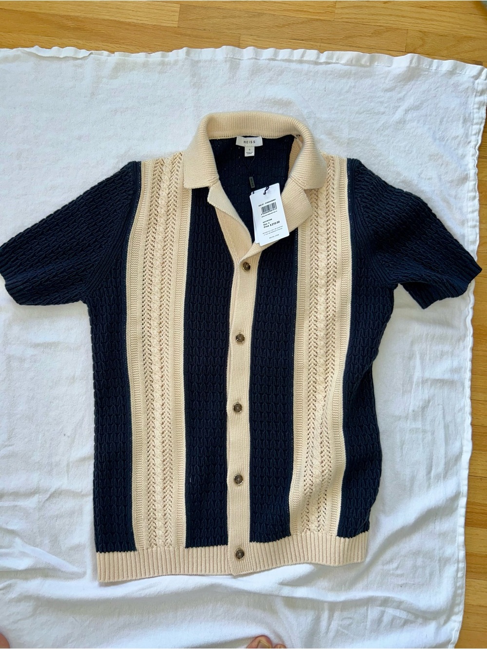 Reiss Navy and Cream Short-Sleeve Button Knit